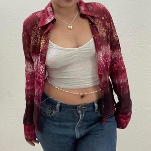 FIRE LOS ANGELES - Beautiful Sheer Burgundy Magenta Blouse with Gold Detailing